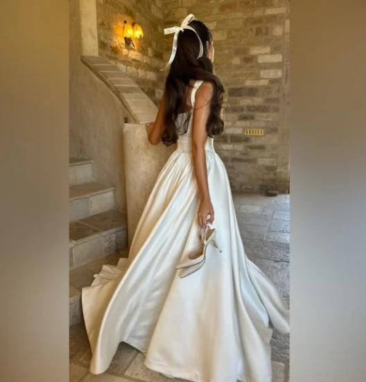 Simple Ball Gown Straps Ivory Satin Long Wedding Dress - View 6 | FashionDia