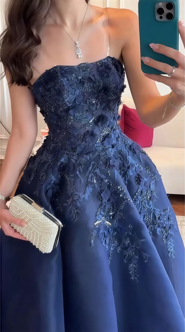 Gorgeous Navy Blue Strapless Organza Appliques Long Party Dress Evening Dress
