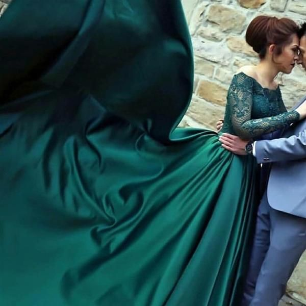 modest dark green party dress, Off-the-Shoulder prom dresses,prom dress with long sleeves, evening gowns with lace - View 4 | FashionDia