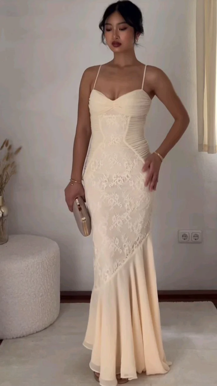 Charming Spaghetti Straps Lace Chiffon Mermaid Prom Dress Formal Evening Dress - FashionDia