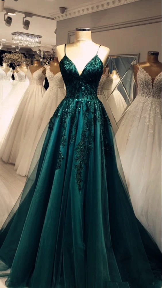Shiny Green Tulle Sequins Appliques Evening Dress A Line Straps Party Prom Dress