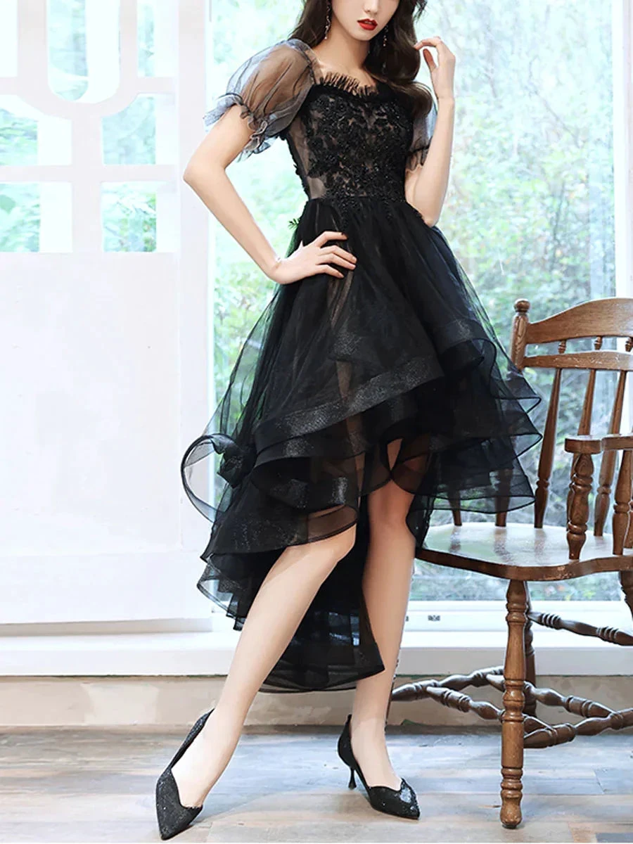 Black Sweetheart Tulle Lace High Low Prom Dress Black Homecoming Dress (ZD12591)