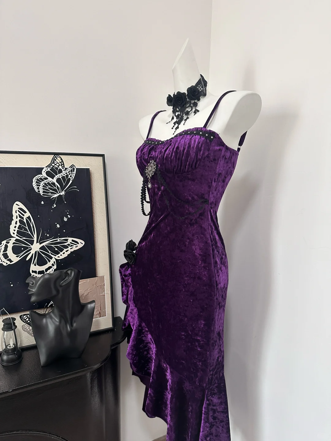 Chic Purple Spaghetti Straps Velvet Ruffles Birthday Outfits Long Party Dress