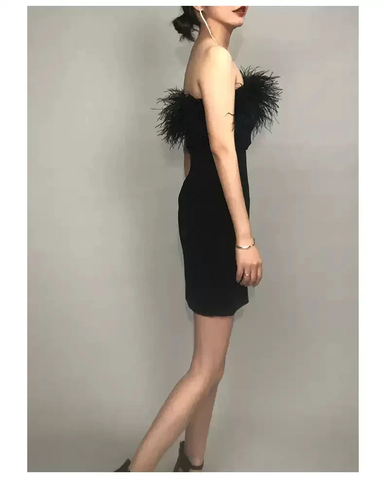 Womens Feather Off Shoulder Bandage Dresses Side Split Cocktail Party Bodycon Dress Black Short Homecoming Dress (ZD12486)