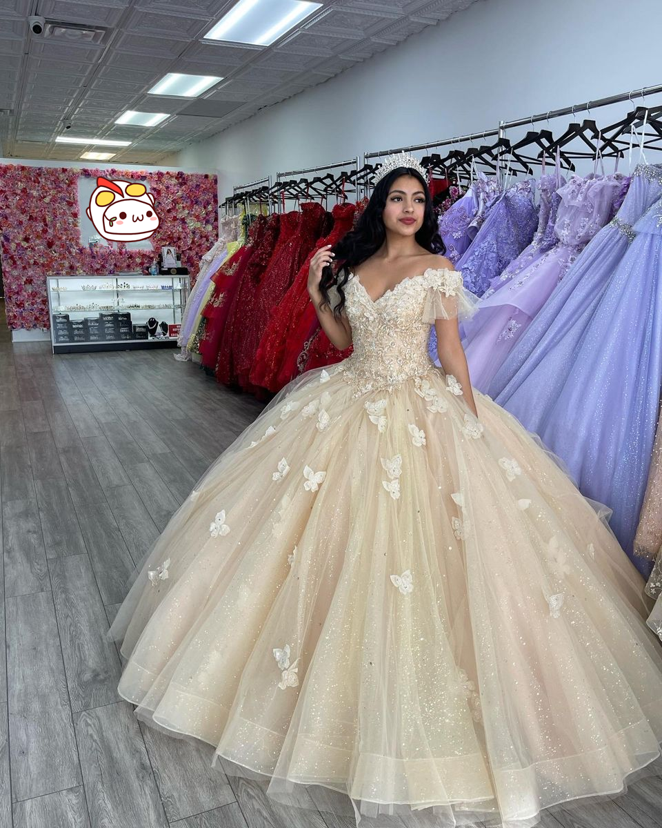 Off The Shoulder Butterfly Quinceanera Dress,Sweet 16 Dress,Glitter Ball Gown,Y2410 - VelvetHem