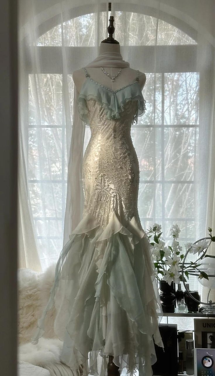 Classy Light Green Chiffon Beaded Mermaid Prom Dress,Spaghetti Straps Party Evening Dress - FashionDia