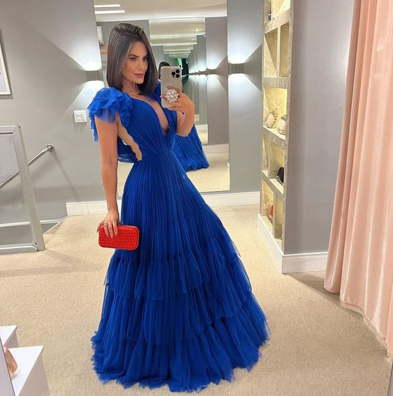 A-line Tulle Long Prom Dress, Royal Blue Prom Dress