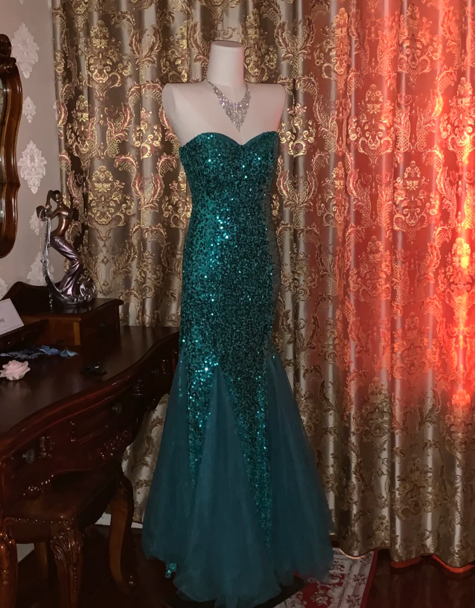 Vintage Strapless Green Tulle Sequin Mermaid Evening Dress Long Wedding Guest Dress Party Gown - View 9 | FashionDia