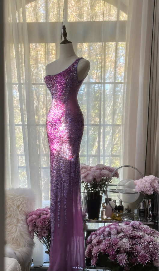 Glamorous Ombre Purple One-Shoulder Chiffon Sequin Beaded Mermaid Long Evening Dress Birthday Party Dress - View 2 | FashionDia