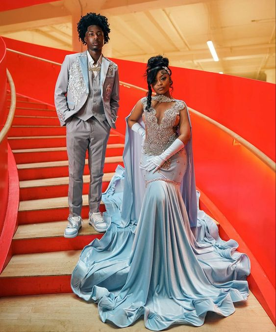 Sky Blue Velvet Silver Crystal Evening Dress Luxurious Evening Gown Y5764 - View 4 | VelvetHem