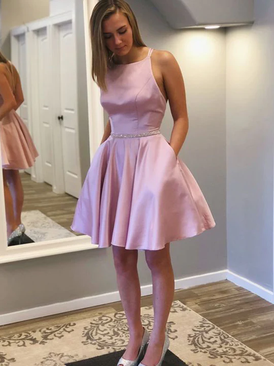 A-Line/Princess Satin With Rhinestone Straps Sleeveless Short/Mini Homecoming Dresses - FashionDia