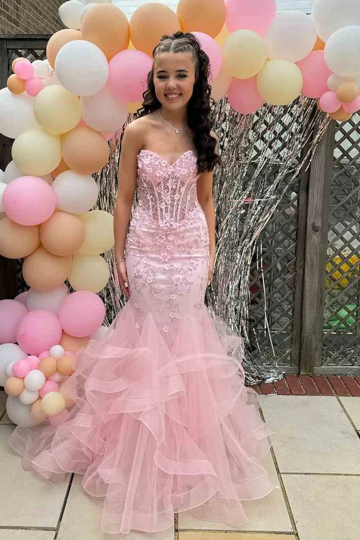 Pretty Strapless Pink Tulle Appliques Beaded Mermaid Party Dress Long Evening Gown - View 3 | FashionDia