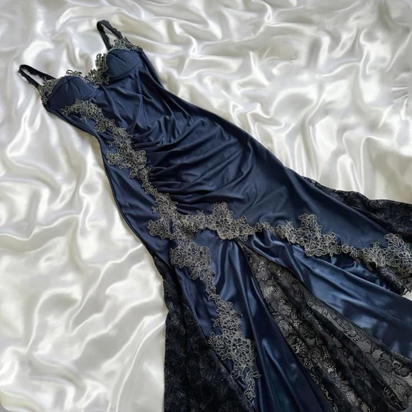 Vintage Navy Blue Satin Lace Appliques Mermaid Evening Dress,Long Party Prom Dress