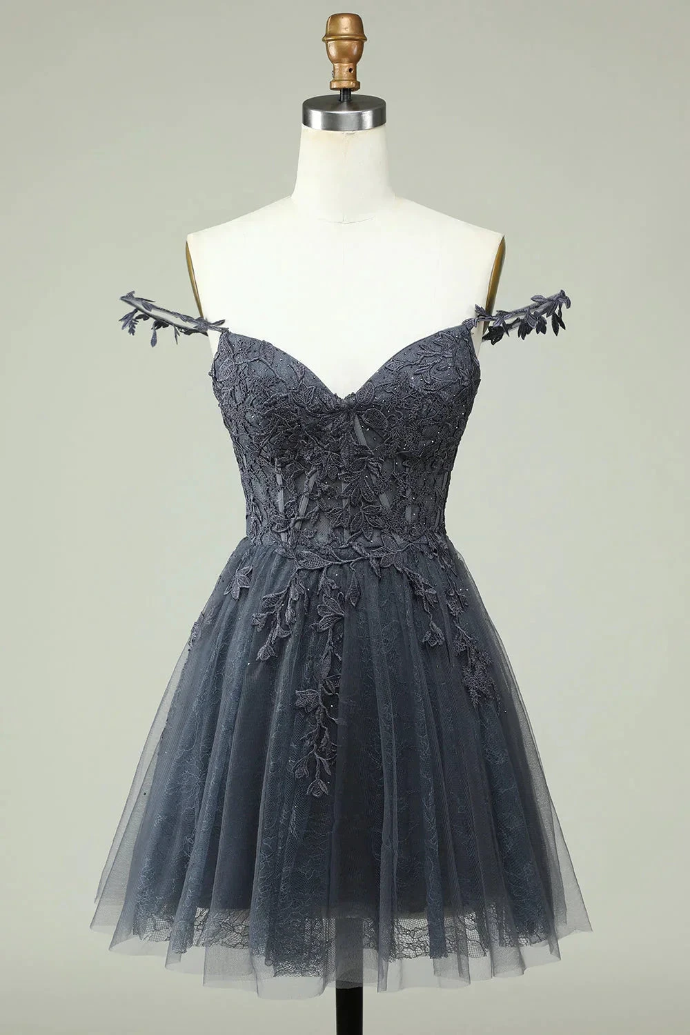 Cute A Line Spaghetti Straps Grey Short Homecoming Dress with Appliques Y2397 by simplepromdress