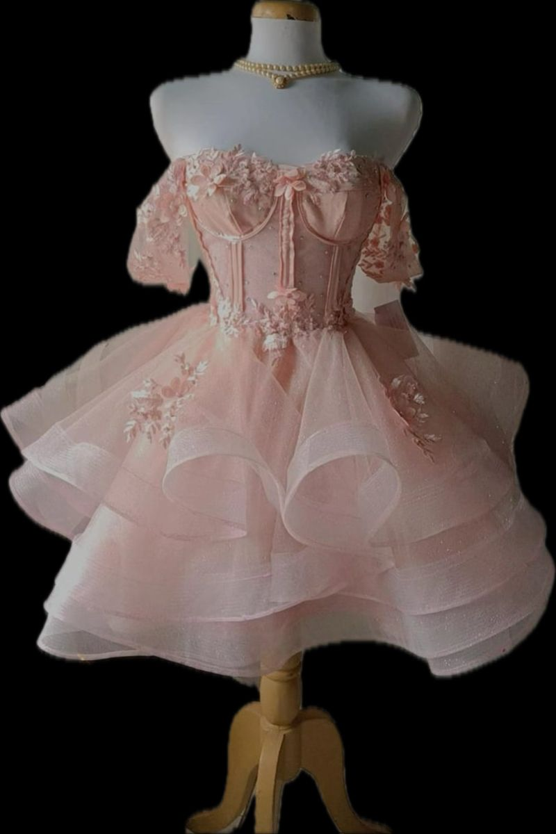 Cute Off-the-Shoulder Pink Tulle Appliques 18th Birthday Dress A-Line Short Homecoming Dress - View 3 | FashionDia