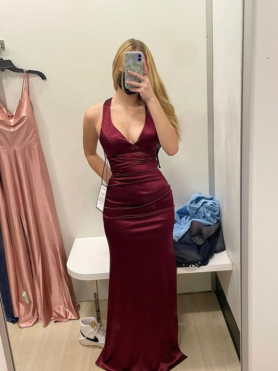 Burgundy Satin Plunging V- Neckline Long Evening Dress, Prom Dresses, Evening Party Dresses