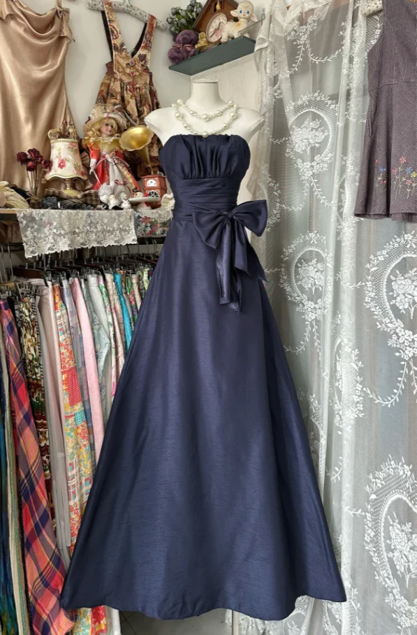 Elegant Navy Blue Strapless Satin Bow A-Line Long Wedding Guest Dress Party Dress - View 4 | FashionDia