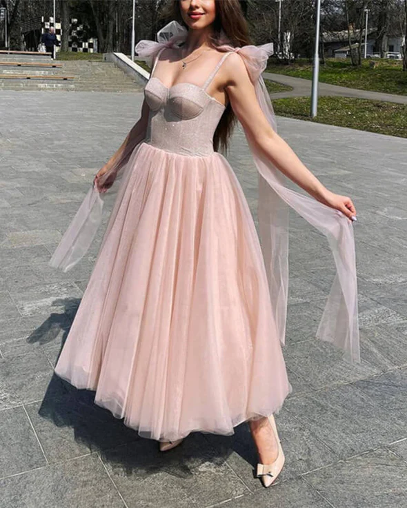 Blush Tulle Ankle Length Dress With Sparkly Corset Tea Length Prom Dress