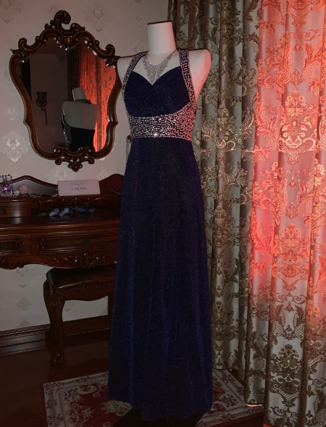 Pretty Halter Navy Blue Sequin Beaded Mermaid Long Evening Dress Birthday Party Dress - View 2 | FashionDia