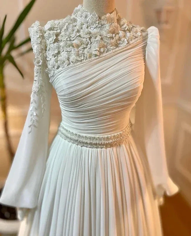 Muslim Wedding Dress Long Sleeves With Pearls Chiffon Appliques Long Pleated Bridal Gowns (ZD13574)