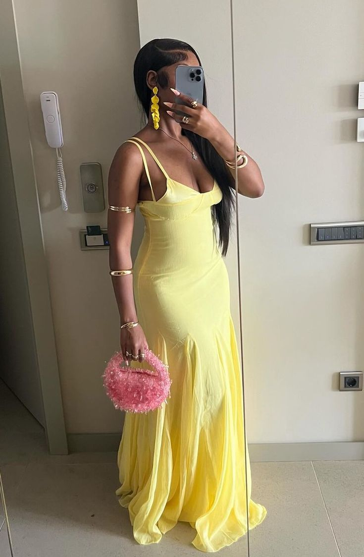 Sexy Spaghetti Straps Yellow Tulle Chiffon Prom Dress A-Line Party Dress - View 2 | FashionDia
