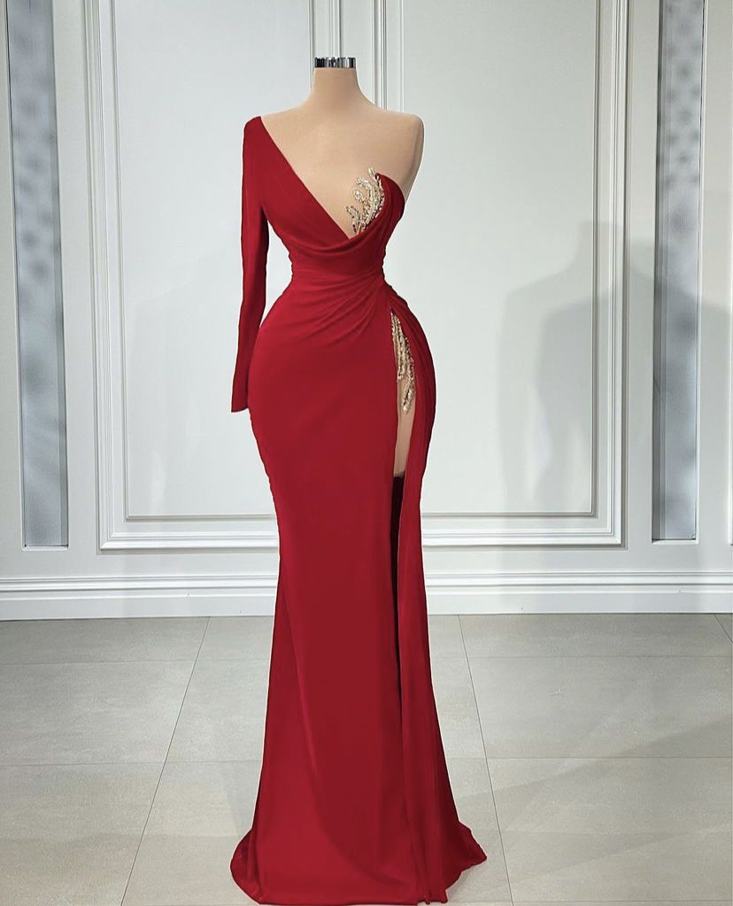 Red One Shoulder Long Sleeve Evening Dress Women High Split Dubai Prom Dresses Wedding Guest Party Gowns