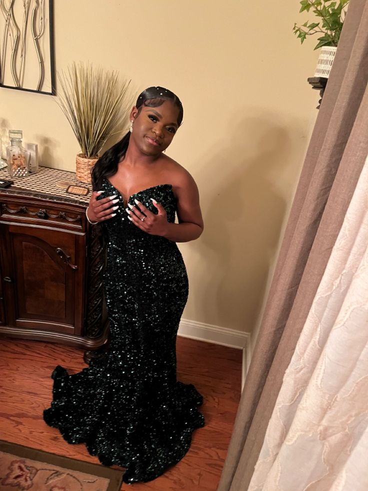 Sexy Sequins Mermaid Prom Evening Dress Dark Green Party Gown