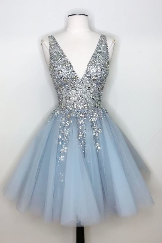 Sparkly A-Line Deep V-Neck Short Homecoming Dress - FashionDia