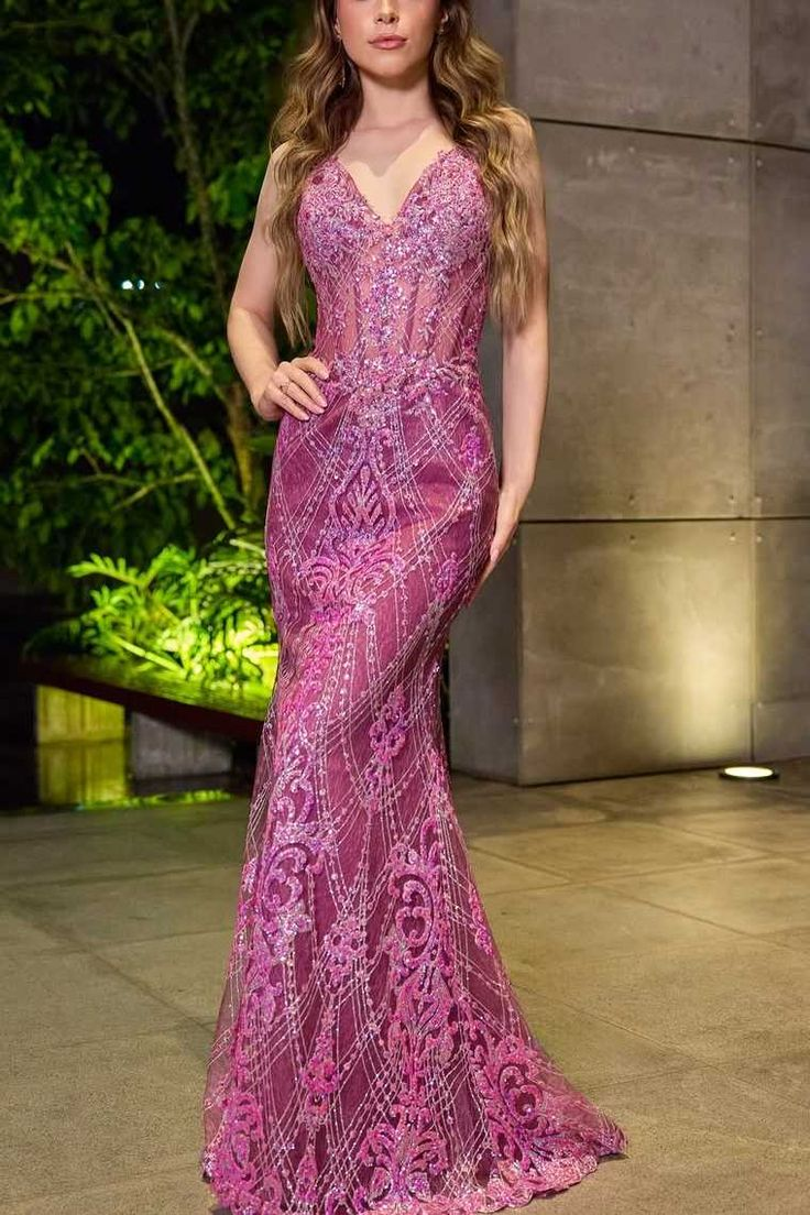Gorgeous Spaghetti Straps Purple Tulle Lace Beaded Mermaid Party Dress Long Wedding Guest Dress - View 3 | FashionDia