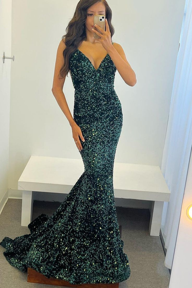 Dark Green Sequins Backless Mermaid Prom Dress - FashionDia