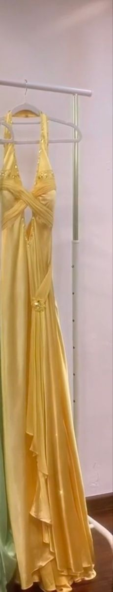 Yellow Halter Satin Beaded Mermaid Prom Dress,Slit Long Party Evening Dress