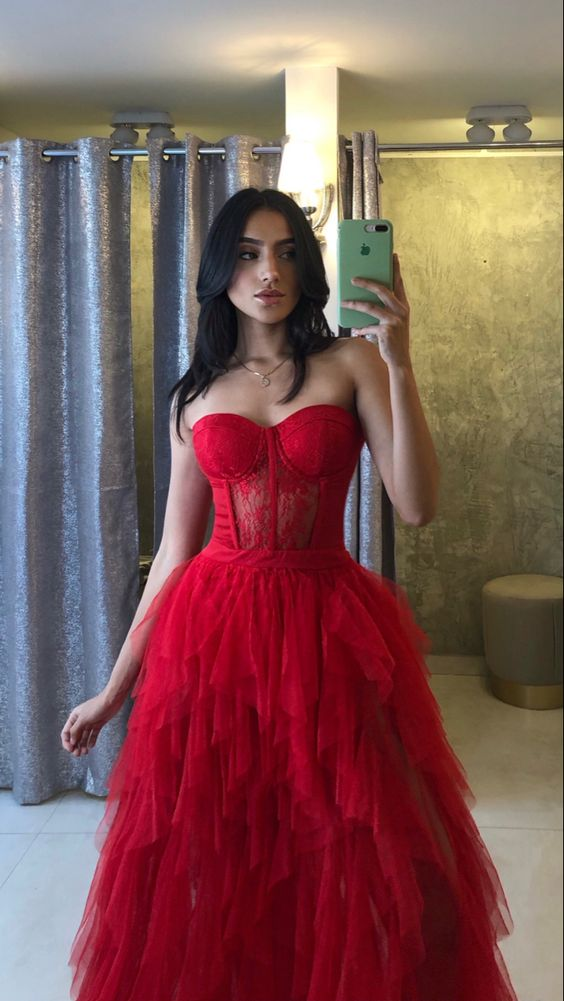 A-Line Red Lace Tulle Modest Elegant Sexy Popular Long Party Evening Prom Dresses - FashionDia