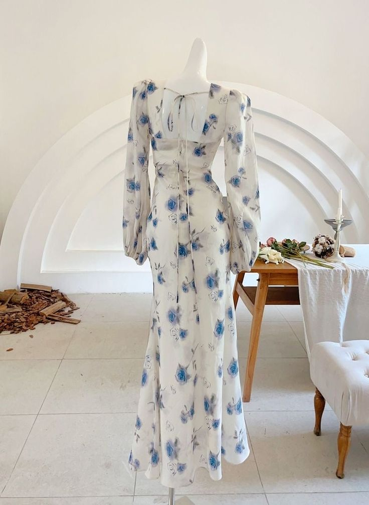 Classy Ice Blue Chiffon Rose Print Floral Prom Party Dress,Long Mermaid Evening Dress - View 5 | FashionDia