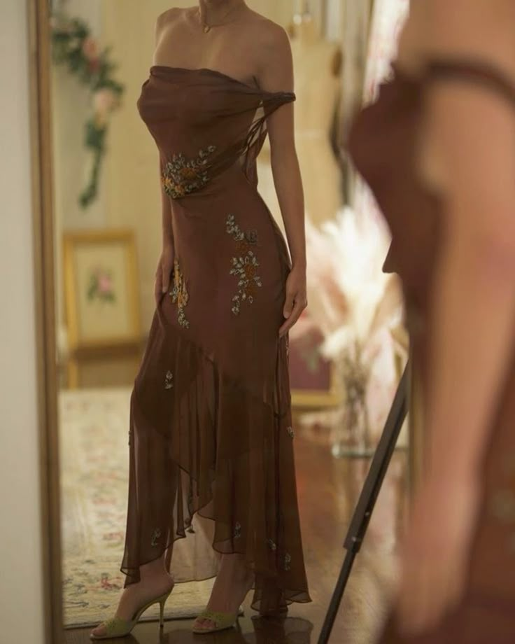 Elegant Off-the-Shoulder Brown Chiffon Beaded Mermaid Party Dress Long Evening Gown Birthday Dress - FashionDia