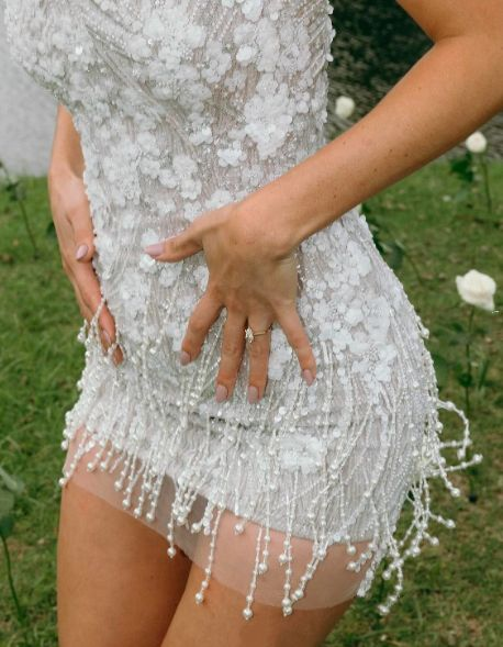 Classy Sheath Strapless White Sequin Short Wedding Dress - View 2 | FashionDia