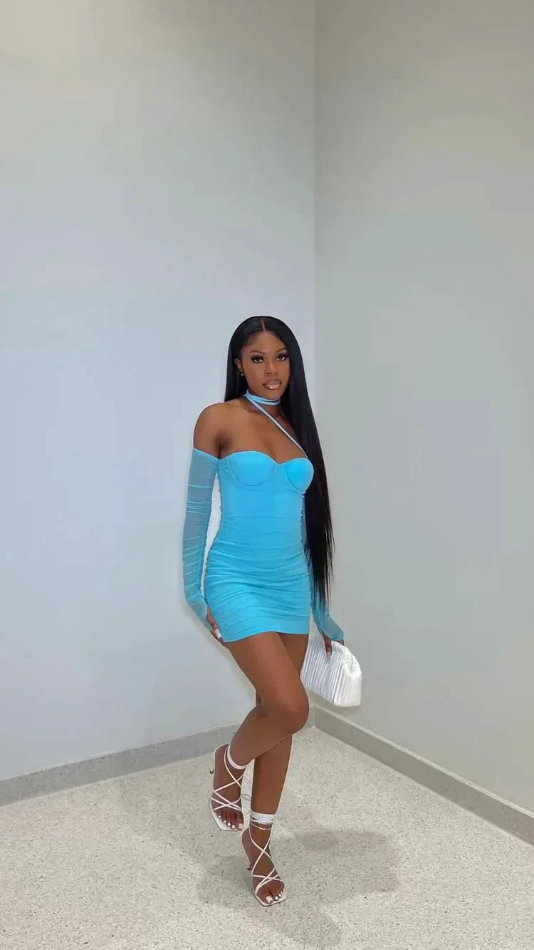 Long Sleeve Sweetheart Neck Mesh Mini Dress Sexy Blue Mini Homecoming Dress Y4135 by simplepromdress