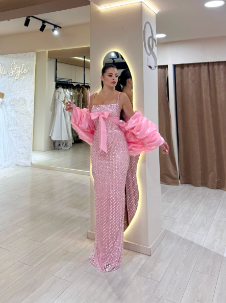 Gorgeous Spaghetti Straps Pink Sequin Beaded Mermaid Evening Dress Long Party Dress - View 6 | FashionDia