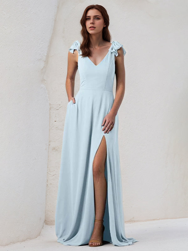 Light Blue A Line Chiffon A Line V Neck Sleeveless Floor Length Bridesmaid Dress