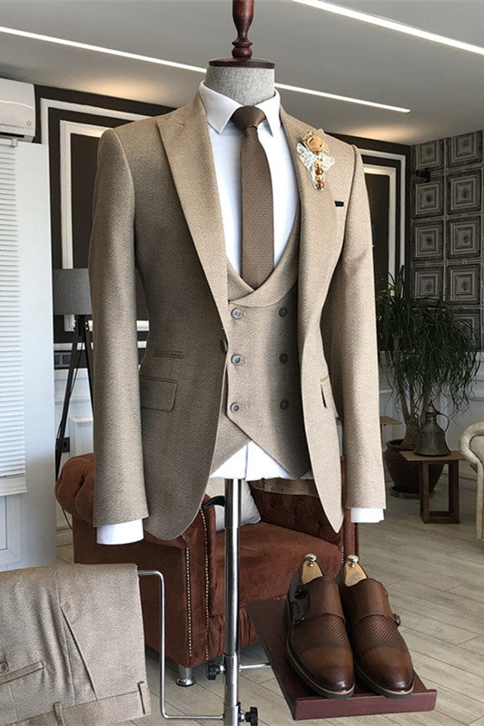 Khaki Gray Three Piece Peaked Lapel Business Suit