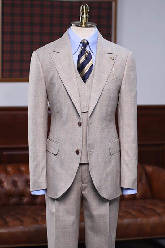 Khaki Plaid Three Piece Peaked Lapel Prom Suit