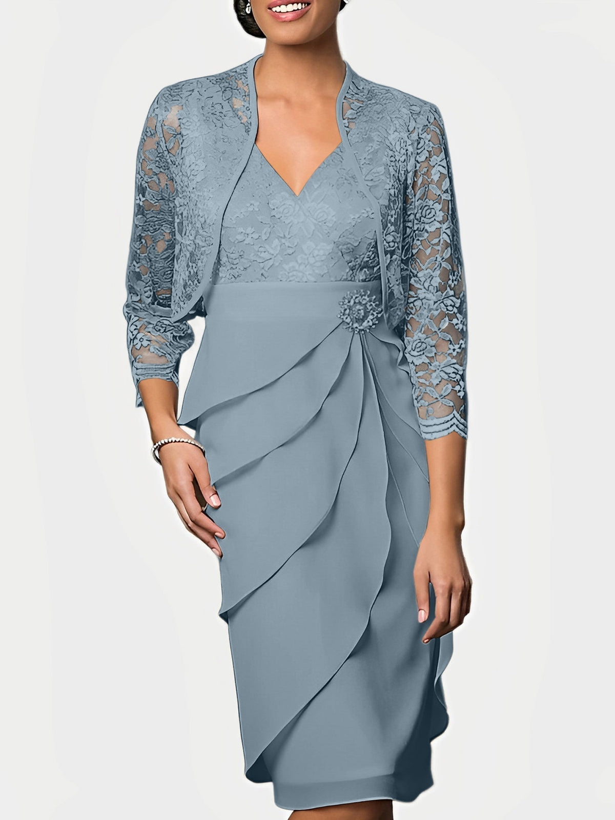 Knee Length V Neck Sheath Mother of the Bride Column Dress