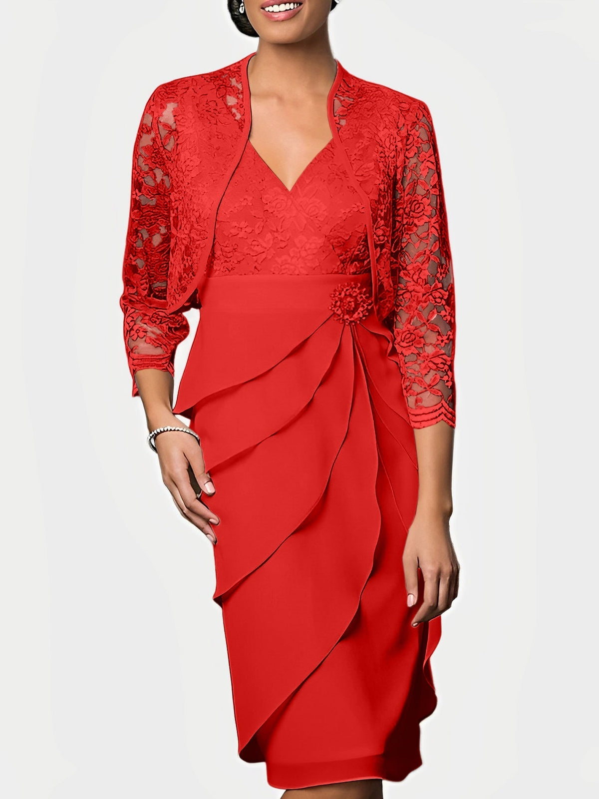 Knee Length V Neck Sheath Mother of the Bride Column Dress