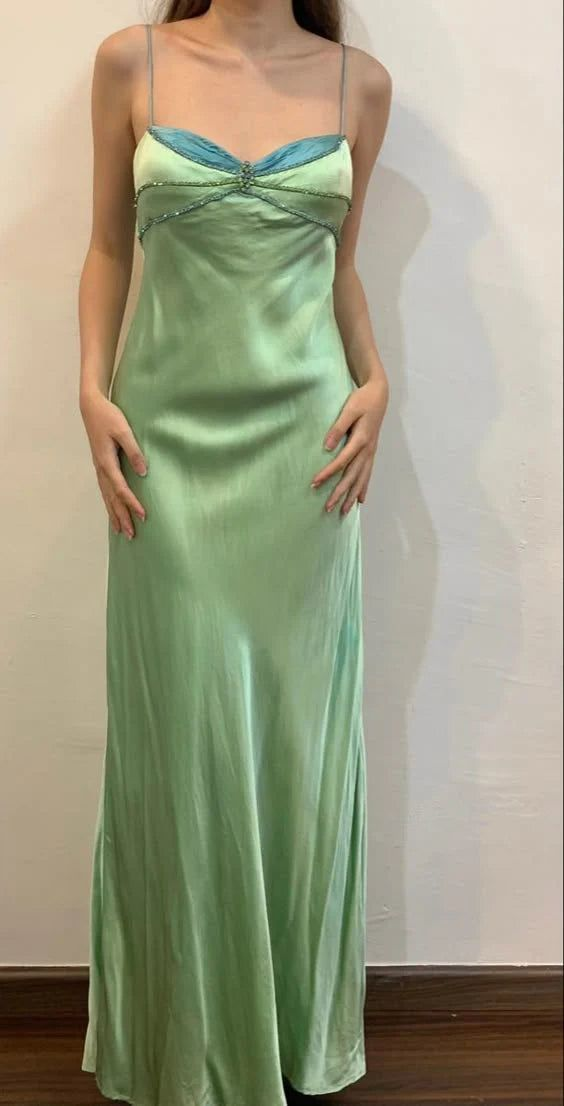 Vintage Green Spaghetti Straps Beading Sheath Long Party Dress Formal Prom Dress