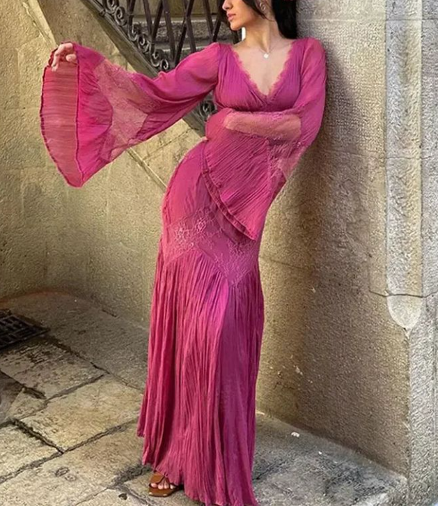Pink Chiffon Lace Party Dress Elegant Long Prom Dress