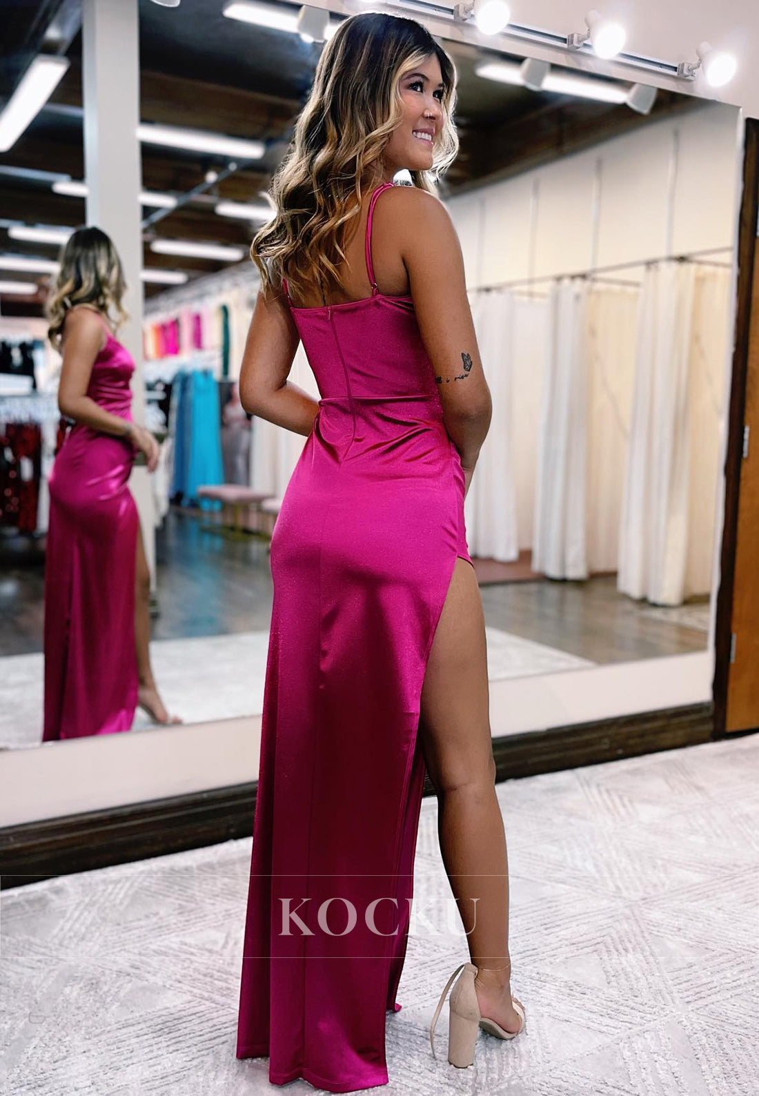 Sexy & Morden Criss-Cross Straps V-Neck Sheath Split Satin Evening Party Prom Dress