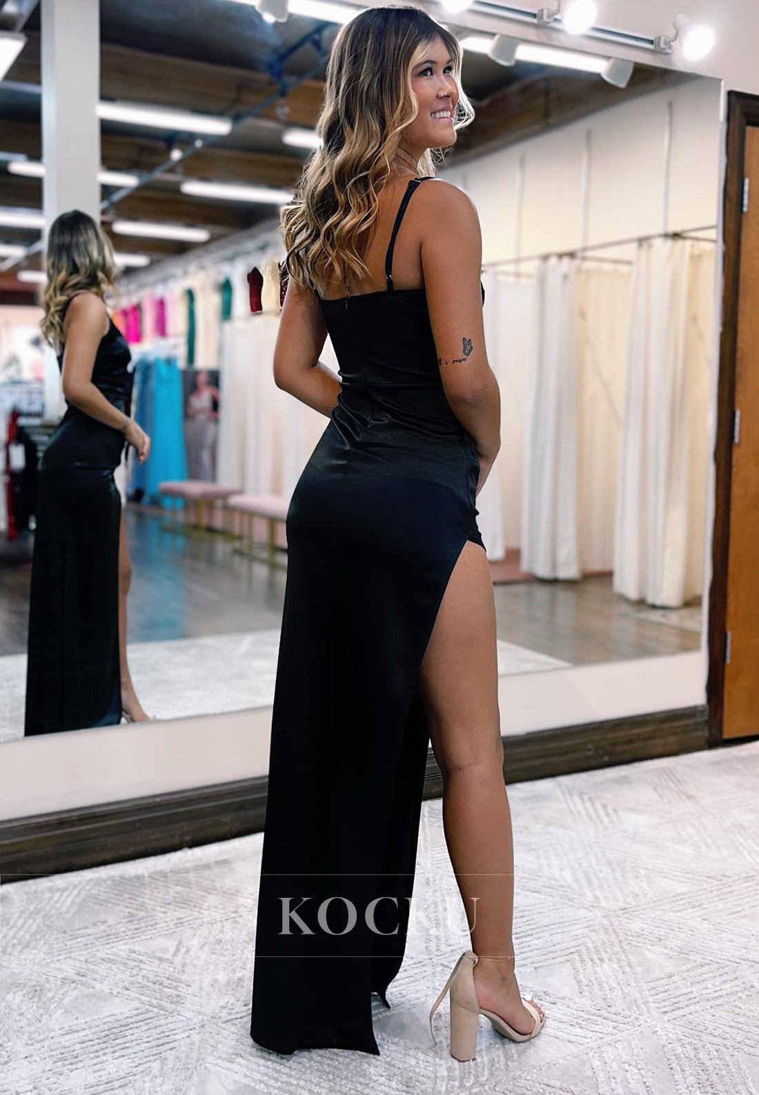 Sexy & Morden Criss-Cross Straps V-Neck Sheath Split Satin Evening Party Prom Dress