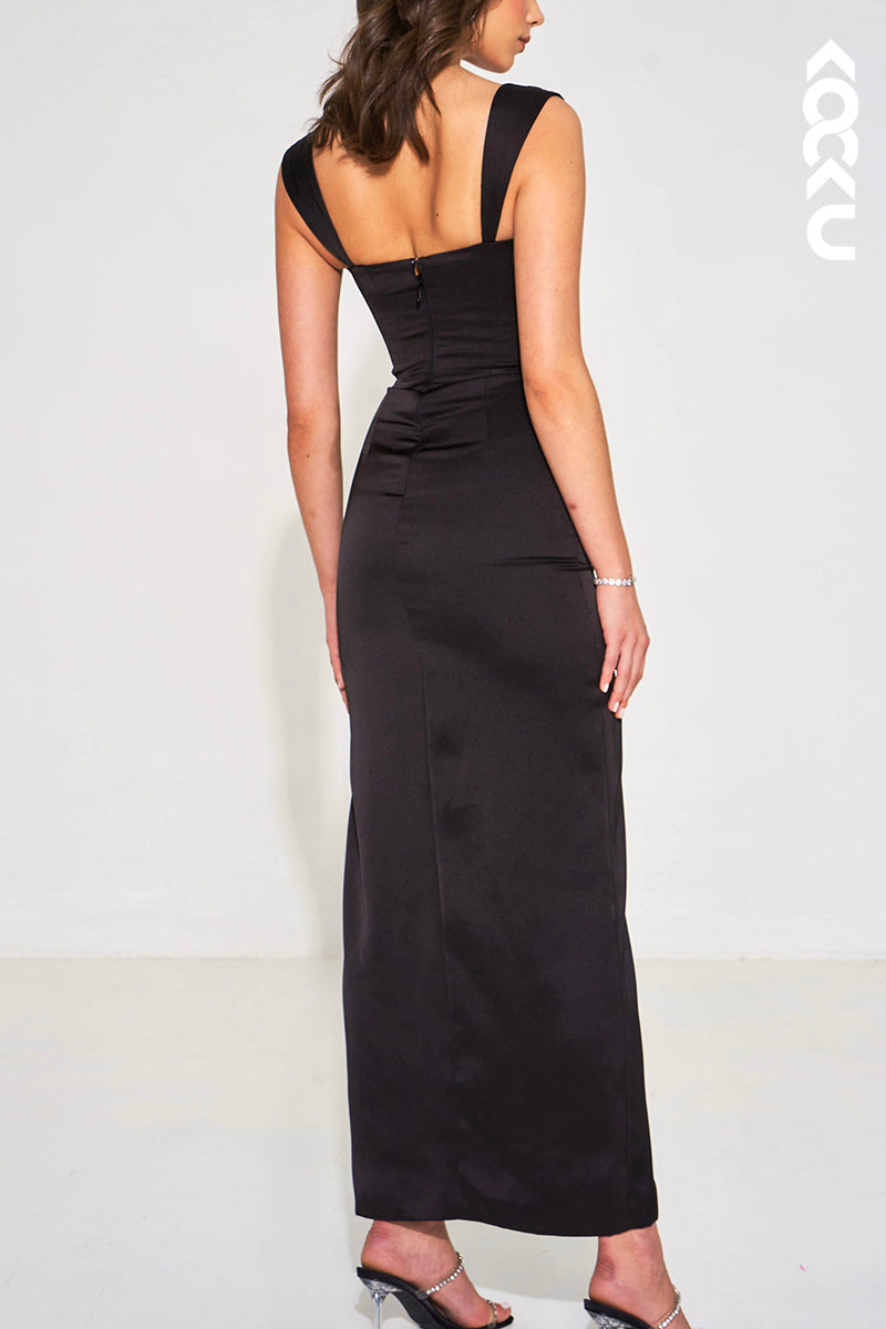 L1917 - Square Neck Lace Satin Sheath Long Evening Party Dress With Thigh Slit