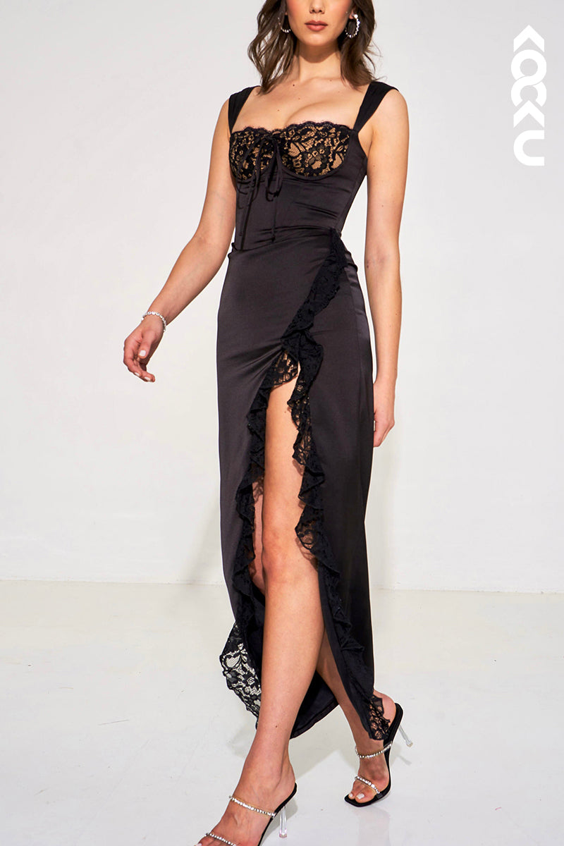 L1917 - Square Neck Lace Satin Sheath Long Evening Party Dress With Thigh Slit