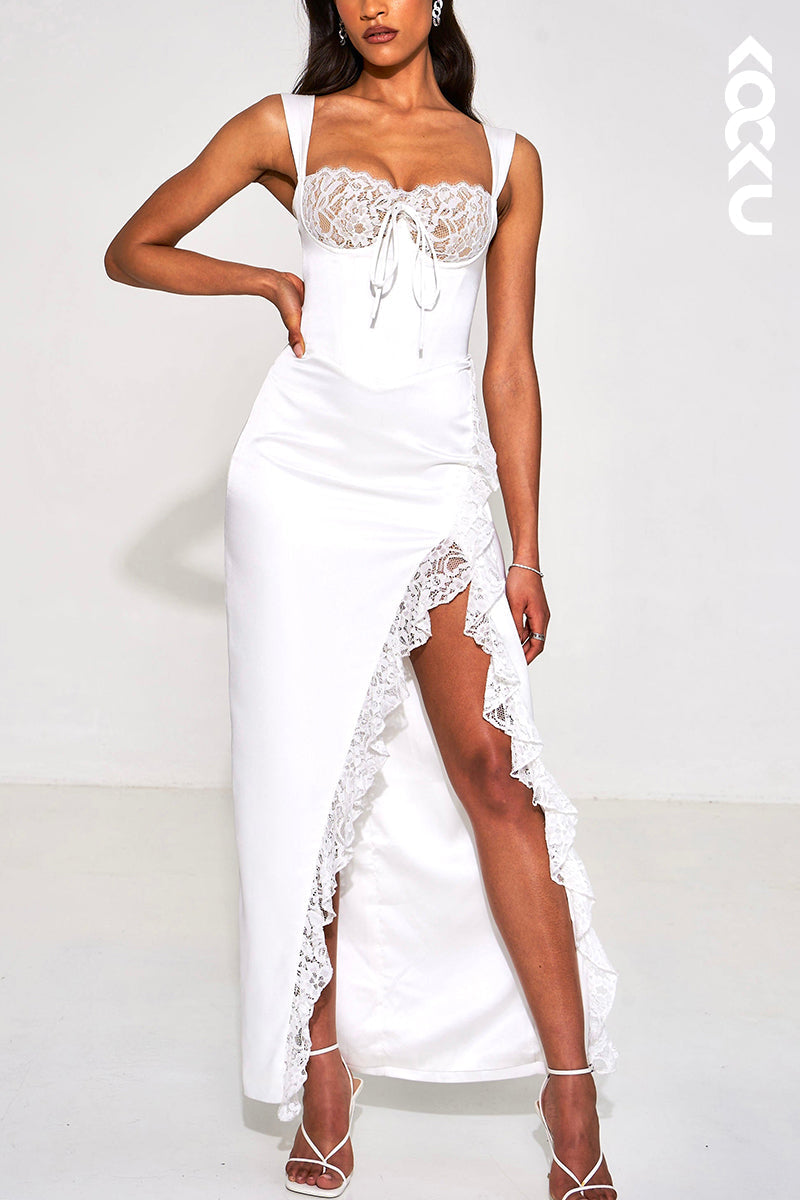 L1918 - Square Neck Lace Satin Sheath Long Evening Party Dress With Thigh Slit