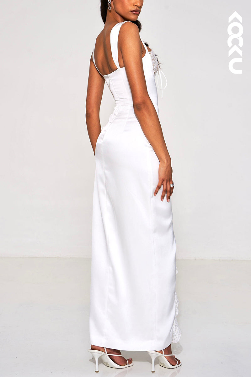 L1918 - Square Neck Lace Satin Sheath Long Evening Party Dress With Thigh Slit